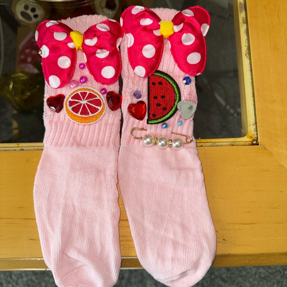 Pink Polka Dot Bow Socks with Fruit Patches
